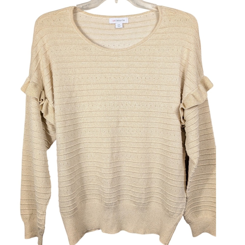 Liz Claiborne Gold Metallic Stripe Ruffle Sleeve Knit Sweater Women's XXL